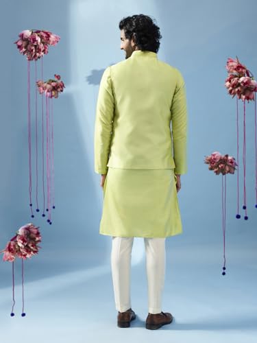 Image of KISAH Men Printed Kurta Jacket Set, Full Sleaves, Knee Length, Straight, Regular Fit, Mandarin Collar Ethnic Wear