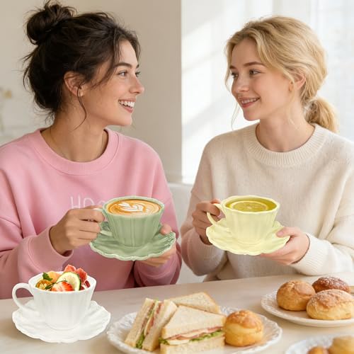 BarroSol 8oz Tea Cups and Saucers, Ceramic Latte Cup,Relief Cappuccino Cup and Saucer Set, Elegant Porcelain Tea Cups, Espresso Cup Set Dishwasher & Microwave Safe,Green