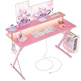 TIQLAB Gaming Desk with Power Outlets & LED 40 Inch Ergonomic Computer Carbon Fiber Surface Gamer Desk, Large Monitor Stand, Headphone Hook, PC Workstation for Bedroom, Pink