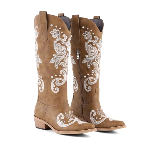 Image of Lace Up Cowboy Boots for Women Embroidered Wide Calf Cowgirl Boots Comfortable Chunky Heel Pointed Toe Trendy Western Shoes for Prom Music Festival