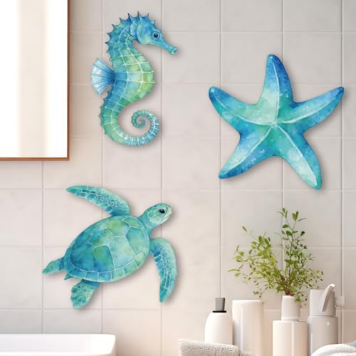 PRESSINART 3 Pcs Seahorse Wall Decor Ocean Wall Sculptures Wooden Blue Sea Turtle Seahorse Starfish Art Hanging Sign for Lake House Restaurants Shop Bedroom Bathroom Dining Room Home Office Decoration