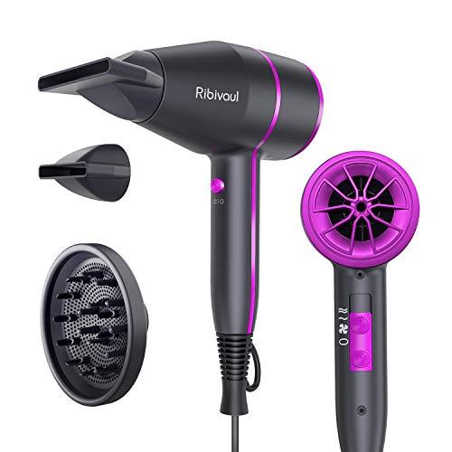 Ribivaul Hair Dryer Women, Travel Hairdryer with Diffuser for Curly Hair, Professional Ionic Blow Dryer Powerful with 3 Heat 2 Speed Settings, Cool Shot, Fast Dry for Home Salon