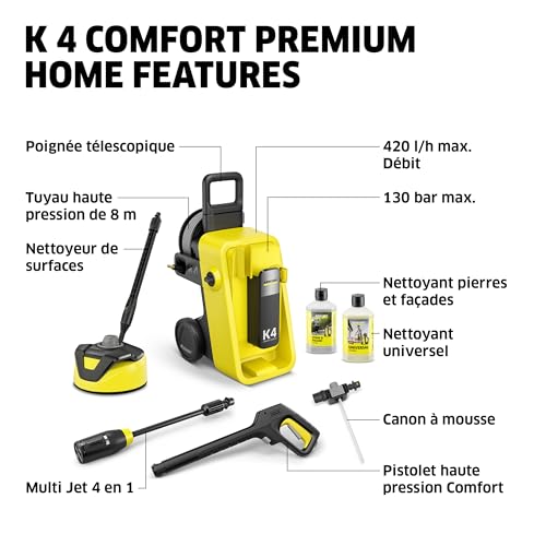 Kärcher Nettoyeur Haute Pression K 4 Comfort Premium Home, Max. 130 Bar, Débit : 420 l/h, Surface : 30 m²/h, Flexible Haute Pression Extra Souple, Enrouleur de Tuyau, Multi Jet 4 en 1, Home Kit