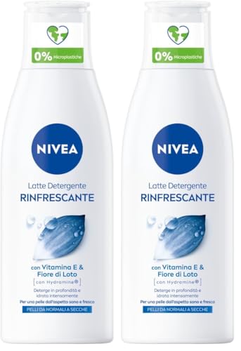 NIVEA Latte Detergente Idratante da 200 ml, Latte Detergente Viso Ideale Anche per Trucco Waterproof, Latte Detergente Arricchito con Acqua Purificata e Fiori di Loto (Confezione da 2)