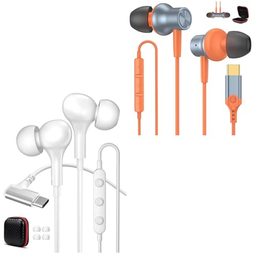 Écouteurs USB C coudés à 90 degrés blanc et orange pour iPhone 16 et Pixel 9
