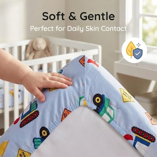 Image of Everyday Kids 2 Pack Fitted Boys Crib Sheet, 100% Soft Breathable Microfiber Baby Sheet, Fits Standard Size Crib Mattress 28in x 52in, Nursery Sheet - Construction /Gold