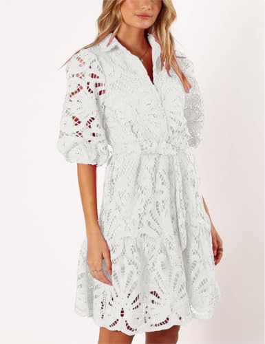 Image of Women's Summer Hollow Out Lace Mini Dress Lantern Sleeve Lapel Button Ruffle Casual Beach Party Dresses