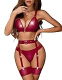 Avidlove Garter Bra and Panty Set Leather Sleepwear Outfits Sets (Small, Dark Red)
