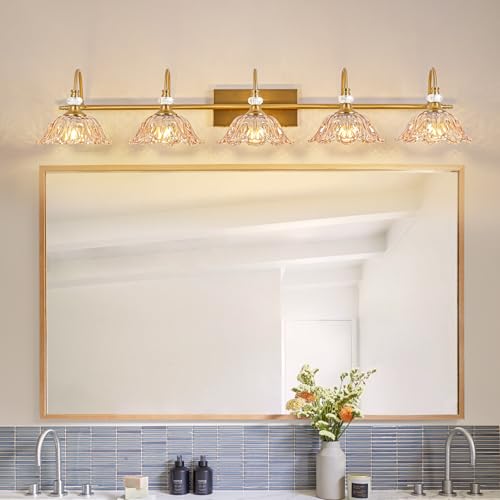 Image of Vintage Bathroom Vanity Light, 5-Light Matte Brass Finish Vanity Light with Floral Amber Glass Shades, Retro Wall Mount Lighting for Bathroom, Living Room