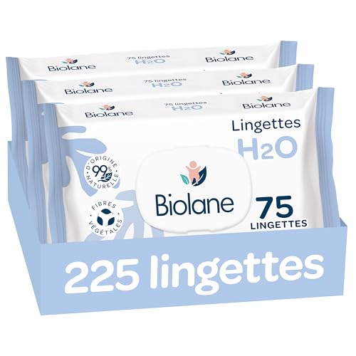 BIOLANE - Lingettes bébé à l'eau - 225 Lingettes - Lot de 3x75 - Nettoyage doux et efficace - Sans Rinçage - Dès la naissance
