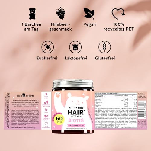 Foto von Biotin Hochdosiert Gummibärchen – 5000µg Biotin, Zink, Vitamin B6, C, E, Folsäure & Jod – 60 Stück – Vegan – Zuckerfrei – Bears with Benefits