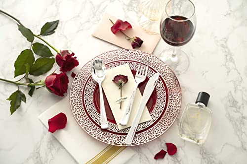 Fomoica Red Silver Plastic Plates And Silver Silverware - 125 Piece Disposable Premium Plastic Dinnerware Set – Reusable Dinner Plates, Forks, Spoons, Knives – Birthday Parties, Wedding, Christmas #TOP1