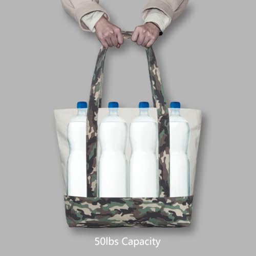 Image of TOPDesign 1-Pack Canvas Tote Bag with an External Pocket, Reusable Grocery Shopping Bag, Top Zipper Closure, Daily Essentials (Camo /Natural)