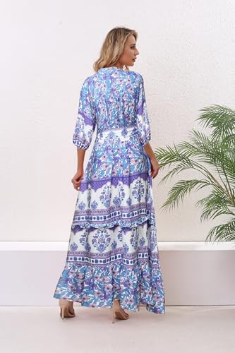 Image of Women Boho High-Waist Floral Print Maxi Dress 3 /4 Sleeve Casual | Soft Rayon, Breathable, Quick-Dry. High-Waist with Adjustable Belt, Flattering Hem. Ideal for Beach, Work & Dating.