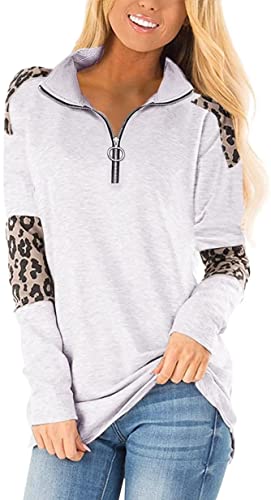 Syellowafter Women Casual Lapel-Neck Pullover Leopard Print Half 1/4 Zip Sweatshirts Loose Tunic Soft Tops White Medium #TOP17
