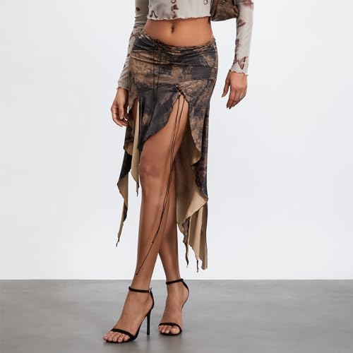 Women's Midi Skirt Low Waist High Split Vintage Pattern Print Front Tie Up Irregular Ruffle Hem Skirt Clubwear4