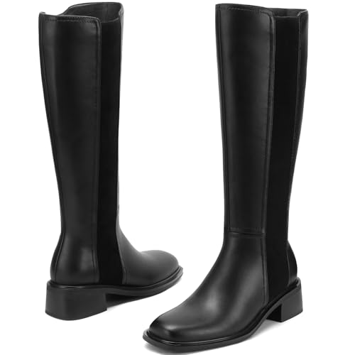 Image of TEAIEUI Knee High Boots for Women Flat Square Toe Chunky Block Low Heel Side Zipper Soft-Soled Tall Long Boots