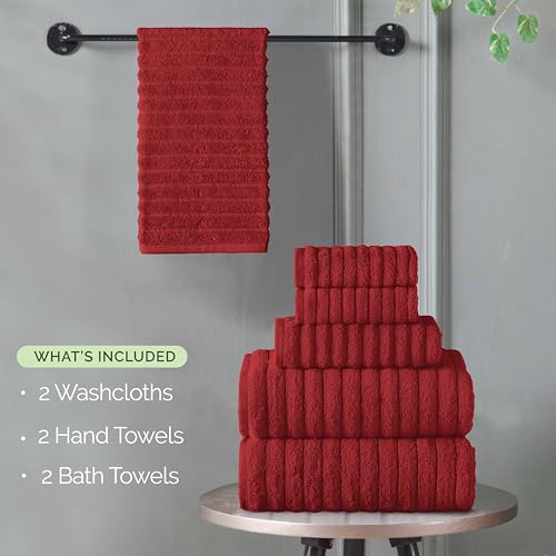 Image of Elegant Comfort 100% Turkish Cotton Corduroy Ribbed Luxury Bath Towels 6-Piece Set, Premium Feel - Quick Dry, Highly Absorbent, Contains 2 Bath Towels, 2 Hand Towels, and 2 Washcloths, Burgundy