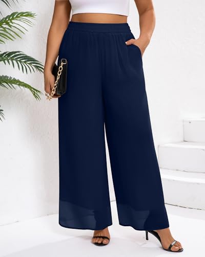 Plus Size Women's Chiffon Wide Leg Pant Flowy Palazoo Pant Loose Fit High Waisted Trouser for Ladies2