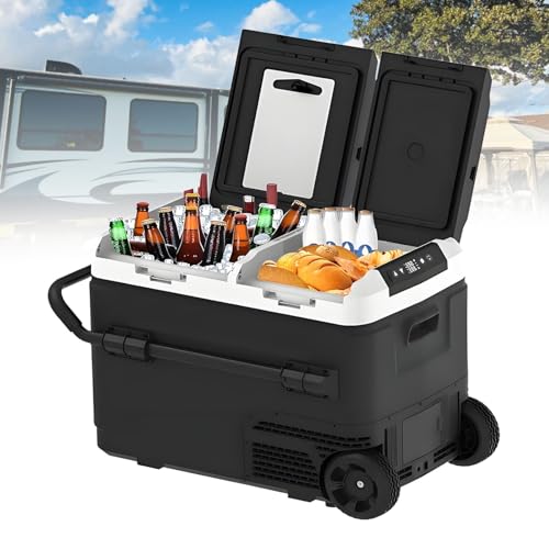 Refrigerador portátil para coche, doble zona, --15.6 °C a 20.0 °C, 12/24 V CC, enfriamiento rápido con ruedas para camping, viajes por carretera, RV y hogar