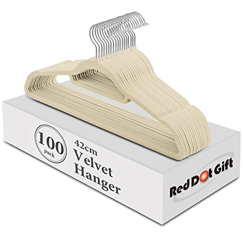 Red Dot Gift 100 Pack Beige Velvet Hangers - 42cm Non-Slip Clothes Hangers with 360° Swivel Hook, Ultra Slim Space Saving Suit Hangers, Durable Heavy Duty Felt Hangers for Coats, Pants & Dresses