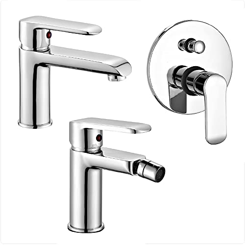 Set miscelatori rubinetteria bagno lavabo bidet e doccia incasso con deviatore, completo di accessori, in ottone cromato, Dalila (Set lavabo bidet doccia incasso con deviatore)