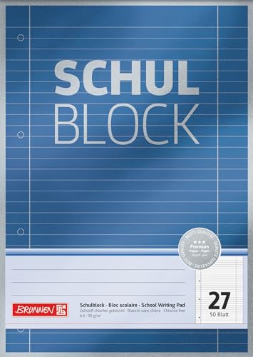 Brunnen 1052627 Schulblock/Notizblock Premium (A4 50 Blatt liniert mit Randlinien Lineatur 27 gelocht kopfverleimt 90g/m)