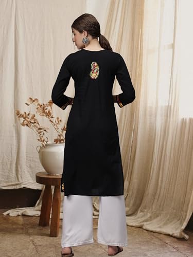 Image of Seva Chikan Hand Embroidered Lucknowi Chikankari Black Cotton Angarkha Style Kurta for Women SCL4626