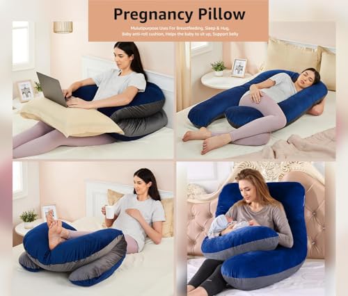 Image of Amazon Basics Velvet Full Body Pregnancy Pillow for Maternity, Baby Nursing, Full Body Support|U-Shaped-Washable Cover with Zip-Blue & Grey