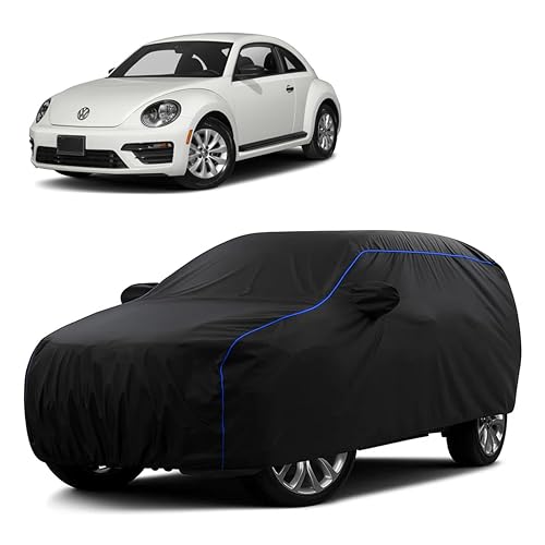Image of Sulfar 100% Water Resistant Car Body Cover Compatible with Mirror for Volkswagen Beetle (Triple Stitched, Full Bottom Elastic, Black Tafetta with Blue Piping)