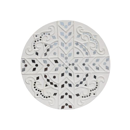 Image of Ethnics of Kutch Traditional Kutch Handicraft Mud-Mirrorwork Lippan Kam Wall Art (Water and Break Resistant) - Round (12 Inch Diameter) - (White LKT-0278)