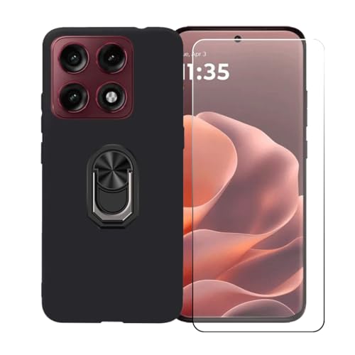 CongJiaLingXi �P�[�X �K�p �� Motorola Edge 70 Pro (6.78") �����O�T�|�[�g+ �����K���X�X�N���[���v���e�N�^�[�A�_��ȃV���R�[���V�F���o���p�[TPU�ی�J�o�[�������,�u���b�N