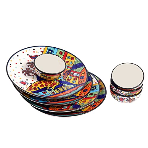 Image of Handpainted Ceramic Printed Hut Handpainted Plates with Katoris (8 Pieces, Serving for 4, Dishwasher&Microwave Safe) -Multi-Color