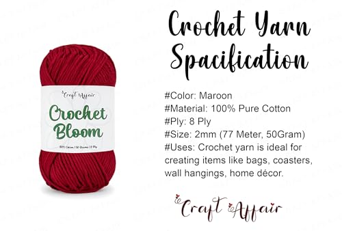 Image of Craft Affair | 8Ply Cotton Crochet Yarn (2mm, 77Meter, 50Gram) 100% Pure Cotton | for Embroidery, Craft & DIY Project: Maroon