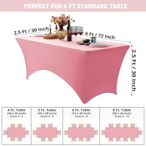 Image of FOLINS&HOME 2 Pack Pink 6ft Fitted Spandex Water Resistant Tablecloth | Washable Elastic Rectangle Table Cover for 6 Foot Folding Tables, Stretch Table Cloth for Weddings, Banquets, Parties (2 Pcs)