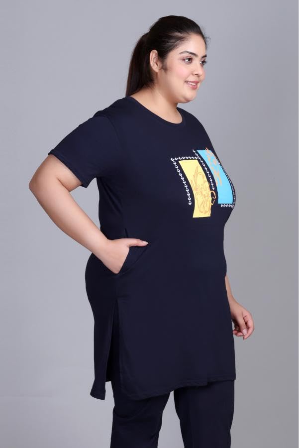 Image of RYSH Women's Printed Cotton Plus Size Longline T-Shirt with Pockets | Cotton fabric - soft longline T-shirt with easy plus-size fit