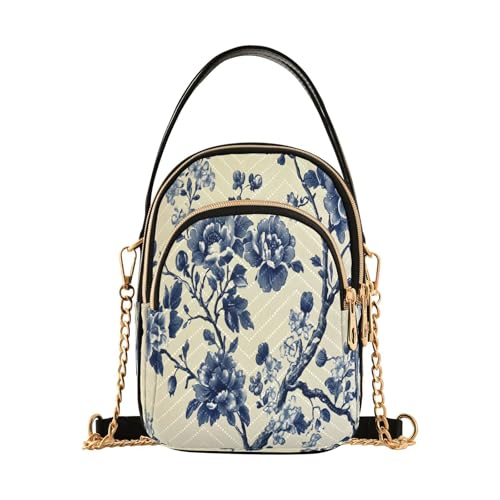 Blue White Chinoiserie Floral Small Crossbody Bag Functional Multi Pocket Bag Shoulder Handbag