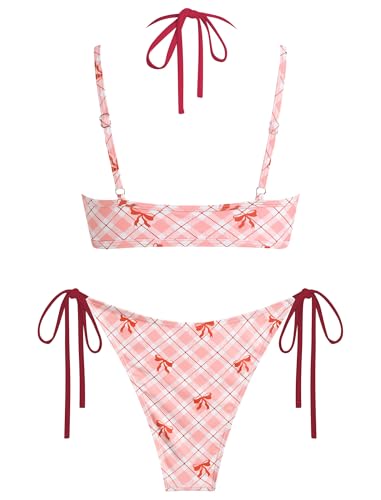 Image of ZAFUL Women's Polka Dot Bikini Set Double Layer Halter Swimsuit Colorblock Side Tie 2 Piece Bathing Suit