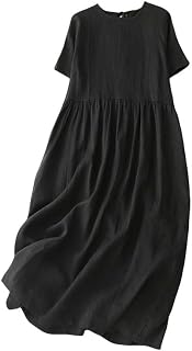 Vestido de verano de lino y algodón para mujer, cuello redondo, manga media, cinturón, vestido largo para uso diario casual