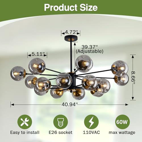 Image of 16 Light Glass Globe Chandelier Mid Century Sputnik Pendant Light Fixture Black and Gold Ceiling Light for Living Room Kitchen Dining Room Bedroom Farmhouse.