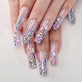 MqpQ Long Square Press On Nails With Rhinestones Luxury Rainbow Extra Fake Nails 24pcs Glossy Full Cover False Nails For Women And Girls