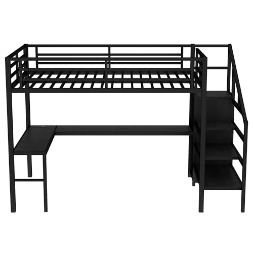Image of Bellemave Full Size Loft Bed with Desk and Wardrobe Storage Stairs and Wardrobe, LED USB, Loft Bed Full Size for Teens Metal, Black