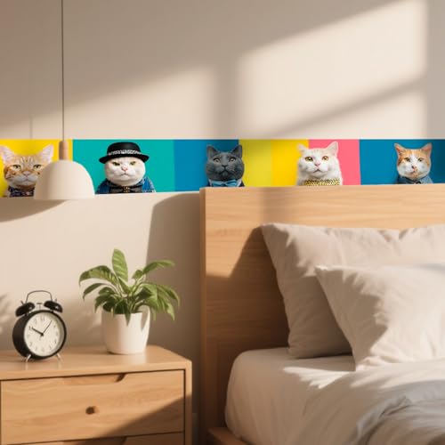 Image of Nuxovilar Stylish Cat Peel Stick Wall Border PVC 3.94x16.4' | Wall Trim, Molding Decal, Peel Stick Border, Adhesive Frame, for Bedroom, Kitchen, Living Room (Stylish Cat)
