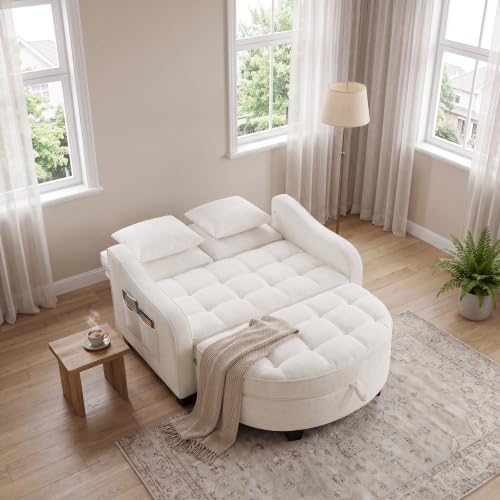 Image of ERYE Chenille Tufted Loveseat Sofa and Ottoman Set, Tufted Recliner Sleeper Chaise Lounge with Curved Storage Ottoman,Reclining Backrest and Side Pockets, 4 Pillows