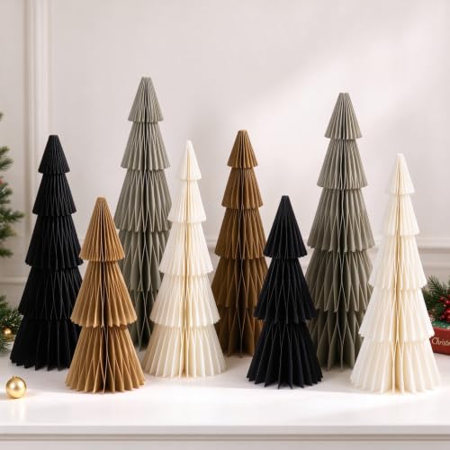 Paper Jazz 8pcs Paper Christmas Trees,Neutral Christmas Honeycomb Tree Centerpiece，3D Modern Minimalist Table Decoration for Xmas Party,New Year（White Gray Brown Green