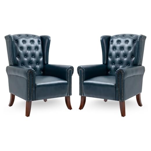 LOVSPATIO PU Leather Accent Chair Set of 2, Modern Upholstered Living Room Chair Sofa Chair with Wooden Legs, Wingback Armchair Club Chair for Bedroom,Study Room, Lounge (Dark Blue)