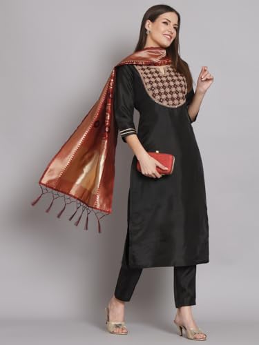 Image of VredeVogel Women's Cotton Silk Blend Kurta Pant Set with Banarasi Silk Dupatta