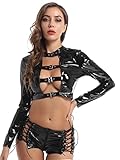 FEESHOW Frauen Wetlook Top Sexy Glitzer Aushöhlung Crop Tank Top Lederweste Gothic Punk Oberteil Clubwear Partywear Schwarz L