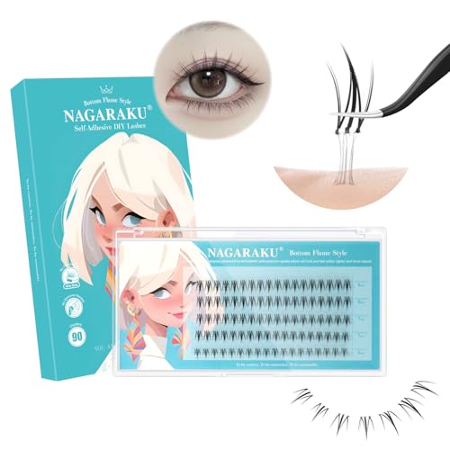 NAGARAKU Selbstklebende Untere Wimpern 90 Stück DIY Wimperncluster Kein Kleber Entferner Vorgeklebte Wiederverwendbar Ein-Schritt-Druck Wimpernverlängerung für Anfänger kleine Flamme (0,07mm J 6–8mm)