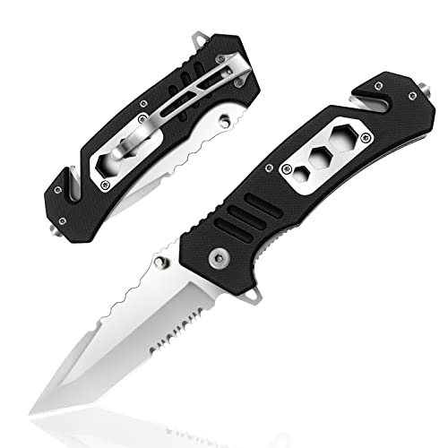 HONZIN 6-En-1 Couteau de Poche 3Cr13 en Acier Inoxydable Multitool avec Clip Ceinture, Poignée G10, Couteau Pliant Portable de Sauvetage de Survie pour...